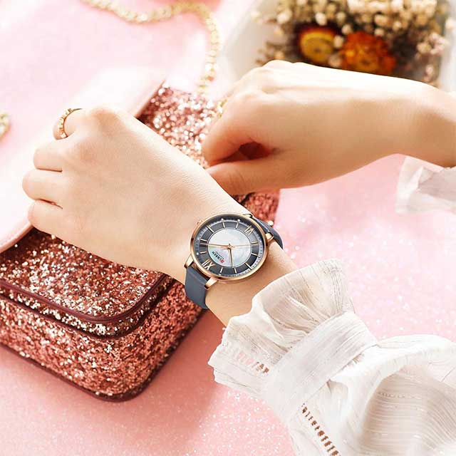 curren women roman dial leather strap waterproof watch cu9080 gallery img 7