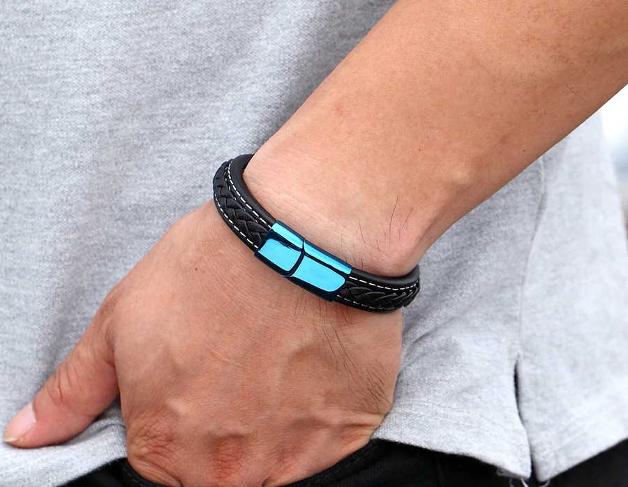 classic blue lock leather simple mens bracelet egbt048 gallery img 16