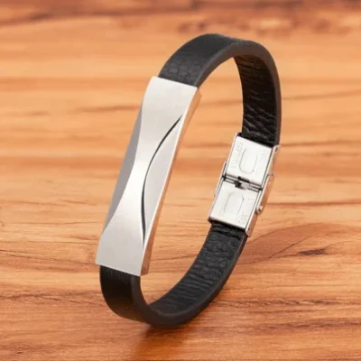 geometric pattern design stainless steel mens leather bracelet egbt130 gallery img 1