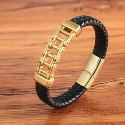 pattern bicycle chain stainless steel mens leather bracelet egbt109 gallery img 1