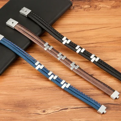 three layer stitching stainless steel mens leather bracelet egbt070 featured img