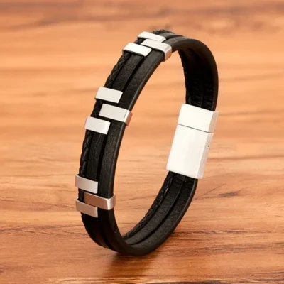 three layer stitching stainless steel mens leather bracelet egbt070 gallery img 1