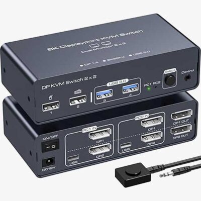 VEDINDUST 2x DisplayPort KVM Switch 2 PCs, 2 Monitors, 4K 120Hz & 8K 60Hz, Aluminium DP 1.4 Dual Monitor Sharing, 4 USB Devices Support (USB-C Does Not Support Video Transfer)