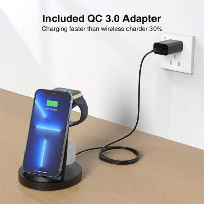 3-in-1 Fast Wireless Charging Dock for iPhone, Apple Watch & AirPods – Multi-Device Charging Station Compatible with iPhone 14/13/12/11 Pro, X Max, XS, XR, 8, 7 Plus & Apple Watch Series 7/6/SE/5/4/3/2 with Adapter