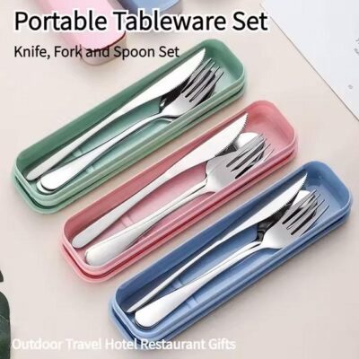3PCS Portable Stainless Steel Cutlery Set – Mirror Polished Knife, Fork & Spoon for Travel & Dining