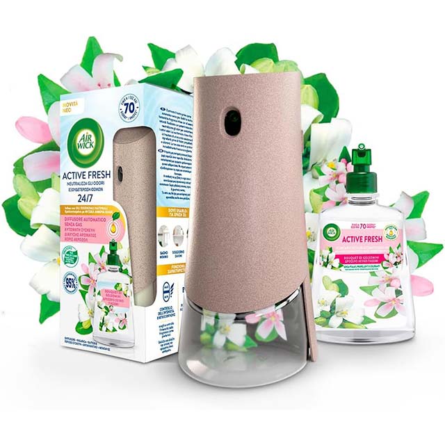 Air Wick Active Fresh Air Freshener, Pack of 1 Automatic Diffuser without Gas, 1 Refill Jasmine Bouquet (228 ml), 2 AA Batteries, Neutralises Odours 24/7
