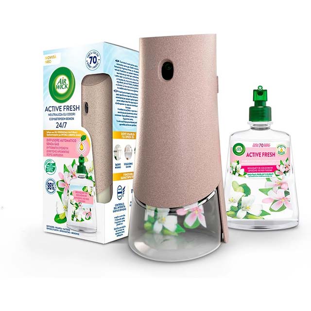 Air Wick Active Fresh Air Freshener, Pack of 1 Automatic Diffuser without Gas, 1 Refill Jasmine Bouquet (228 ml), 2 AA Batteries, Neutralises Odours 24/7