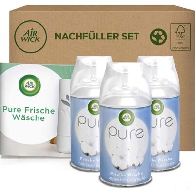 Air Wick Freshmatic Max Pure - Fresh Laundry Fragrance for Automatic Fragrance Spray - Value Pack of 3 Refills - 3 x 250ml Refills