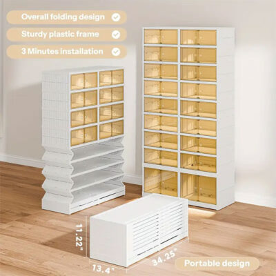 Foldable Shoe Rack – 3/6/9-Tier Stackable Clear Shoe Storage Box with Door, Easy Assembly Plastic Shoe Shelf & Organizer
