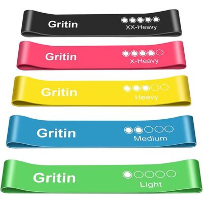 Gritin Resistance Bands, Set of 5 Skin-Friendly Resistance Fitness Exercise Loop Bands with 5 Different Strength Levels - Carrying Case Included - Ideal for Home, Gym, Yoga, Training