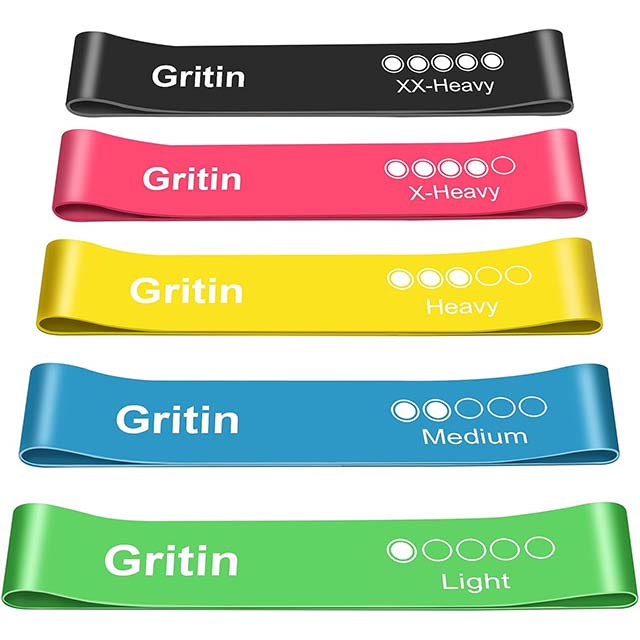 Gritin Resistance Bands, Set of 5 Skin-Friendly Resistance Fitness Exercise Loop Bands with 5 Different Strength Levels - Carrying Case Included - Ideal for Home, Gym, Yoga, Training