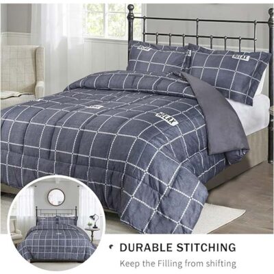 HIG Geometric Check Comforter Set – 3-Piece Reversible Grey Plaid Bedding for Queen & King Beds