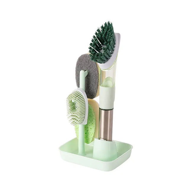 Household Pot Brush with 4 Replacement Heads – Long Handle Kitchen Cleaning Brush for Dishwashing, Grease & Stain Removal – Easy-to-Use Scrubber for Pots & Pans