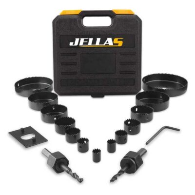 JELLAS 19-Piece Hole Saw Kit – 19mm–127mm Durable Cutter Set with 25mm & 38mm Saws, Hard Case, 2 Mandrels, Installation Plate & Hex Key for Precise Cuts in Soft Wood, PVC, & Plastic