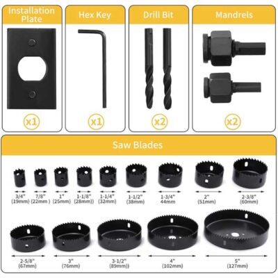 JELLAS 19-Piece Hole Saw Kit – 19mm–127mm Durable Cutter Set with 25mm & 38mm Saws, Hard Case, 2 Mandrels, Installation Plate & Hex Key for Precise Cuts in Soft Wood, PVC, & Plastic