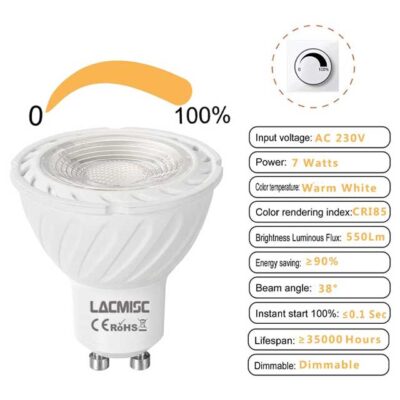 Lacmisc GU10 LED Bulb – 7W Dimmable, Warm White 3000-3500K, 590LM, Energy-Efficient 60W Replacement