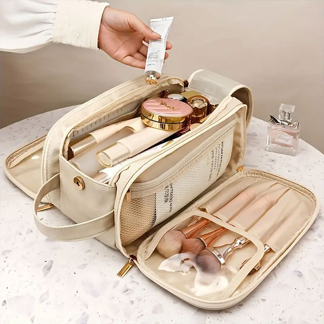 Large Capacity Waterproof Cosmetic Bag for Women – Portable PU Leather Makeup Organizer with Brush Holder, Multi-Compartment Toiletry Storage, Durable & Stylish Design, Pink with Gold Zippers
