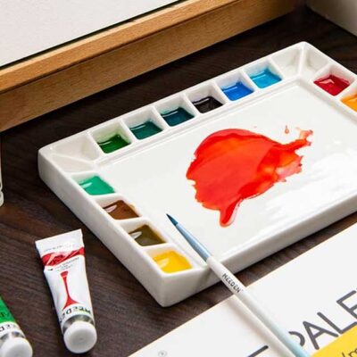 MEEDEN 18-Well Porcelain Artist Paint Palette: Mixing Art Ceramic Watercolor Palette for Watercolor, Gouache, Acrylic, and Oil Painting, Rectangle 8 x 5-1/2 Inch