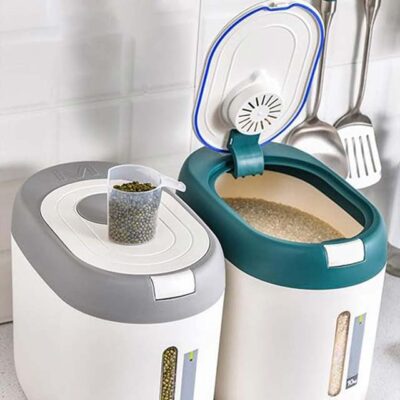10kg Rice Dispenser Bucket – Moisture-Proof Airtight Grain & Food Storage Container with Measuring Cup, Household Organizer, Grey