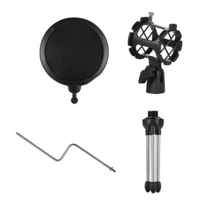 Mini Desktop Microphone Stand with Dual Mesh Pop Filter - Black, Ideal for Recording & Streaming