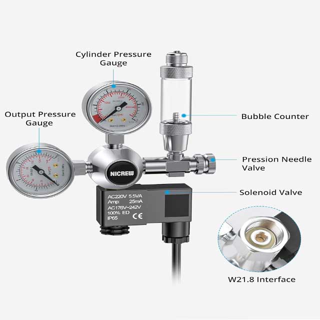 NICREW Dual Gauge Aquarium CO2 Regulator System with Solenoid Valve, Bubble Counter, Pressure Reducer & Check Valve – W21.8 Interface for Aquariums & Hydroponics