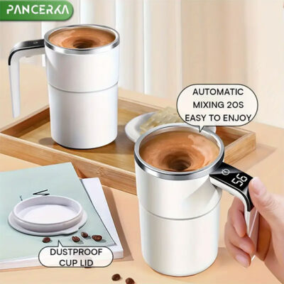 PANCERKA Rechargeable Self-Stirring Coffee Mug with Temperature Display – USB Charging, Sealed Travel Tumbler for Milk, Chocolate & Mocha
