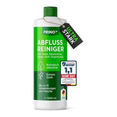 PRINOX® Drain Cleaner 1000 ml Extra Strong – Professional Pipe Cleaner for Removing Hair, Food Leftovers & Heaviest Blockages – Pipe-Free Solution Against Stubborn Blockages & Bad Odours – Biodegradable