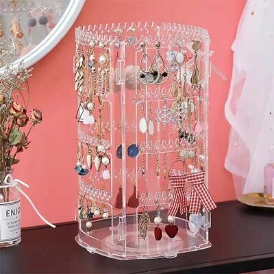 Large Rotating Jewelry Storage Box – Acrylic Organizer with Cover for Earrings, Rings & Accessories Display