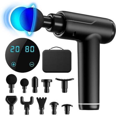 Tmada 2023 Portable Deep Tissue Massage Gun – 10 Massage Heads, 20 Speed Modes, LCD Touch Screen for Muscle Recovery & Pain Relief