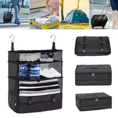 Triple Hanging Travel Organizer – Multi-Functional Folding Clothes Storage Bag for Travel, Camping & Outdoor Use