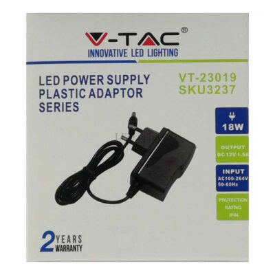 V-TAC Innovative LED Power Supply - 18W (12V, 1.5A) Plastic Adapter Series, IP44 Waterproof, AC 100-240V Input, DC Output - VT-23019 SKU3237