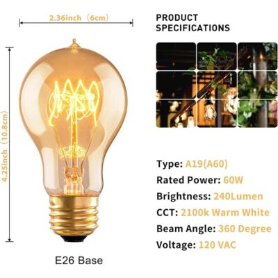 60W A60 Vintage Edison Light Bulb – E26 Soft Yellow Amber Retro Dimmable Squirrel Cage Halogen Bulb