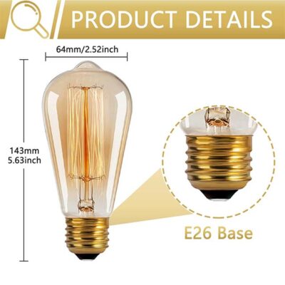 Vintage Retro Edison Bulbs – 3 Pack Antique 60W Filament Light, Dimmable E27 Base, 110-130V, 2200K Warm Amber for Decorative Household Lighting