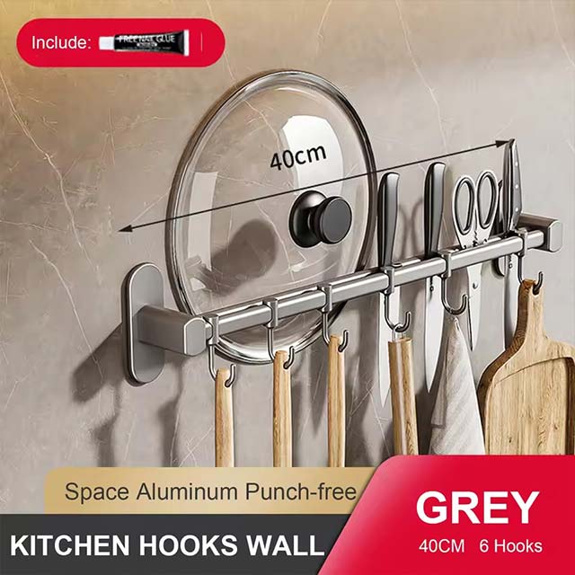 Wall-Mounted Kitchen Hook Rack – No-Punching Utensil & Chopping Board Storage Rail