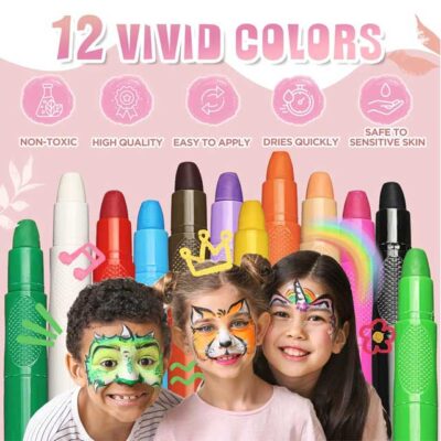 12 Colors Kids Face Paints – Non-Toxic, Hypoallergenic & Washable Carnival Body Paint for Cosplay, Halloween, Christmas & Pregnant Use