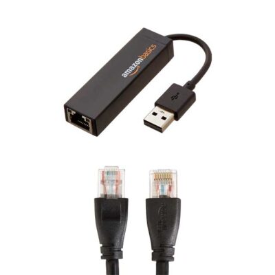 Amazon Basics USB to Ethernet Adapter & 3m Cat6 RJ45 Cable Bundle – USB 2.0 10/100Mbps Adapter with 1000Mbps Gigabit Ethernet Cable for Fast Wired Internet Connection