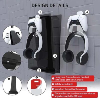 Eatop PS5 Slim Wall Mount Holder – DualSense Controller, Headset & Disc/Digital Display Bracket