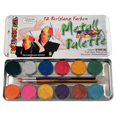 Eulenspiegel 212028 Metal Pearlescent Colour Palette – 12 x 2.5ml Makeup Paints with 2 Precision Brushes for Radiant, Shimmering Looks