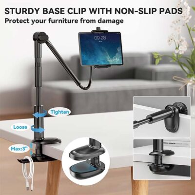 KDD 360° Adjustable Gooseneck Tablet Stand for Bed, Desk & Video Recording – Flexible iPad/Phone Holder with Headboard Clamp