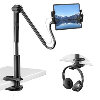 KDD 360° Adjustable Gooseneck Tablet Stand for Bed, Desk & Video Recording – Flexible iPad/Phone Holder with Headboard Clamp