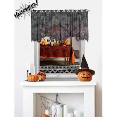 Halloween Short Curtain with Bat & Spider Design – Spooky Window, Living Room & Bedroom Holiday Décor