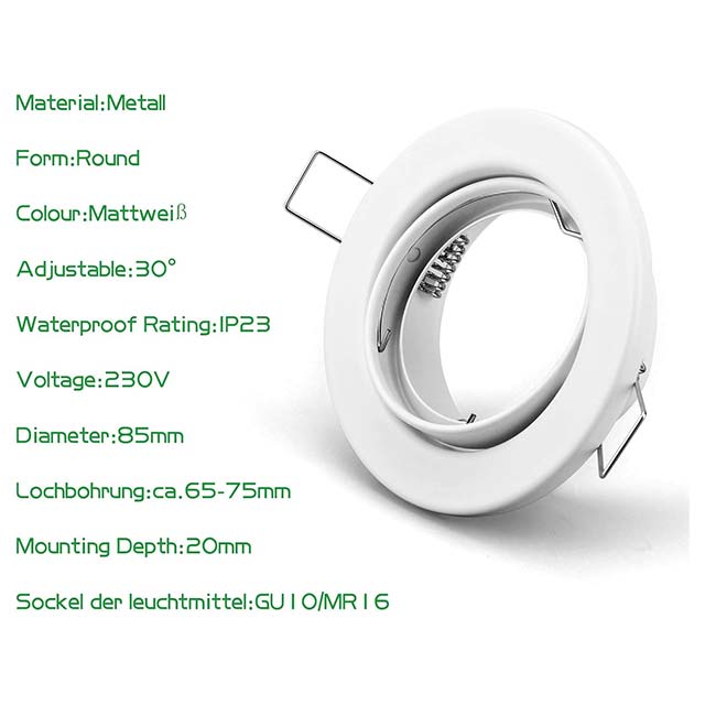 KYOTECH GU10 Recessed Spotlight Mounting Frame – 68mm Hole, 90mm White Ceiling Fixture with Swivelling GU10 Socket (LED/Halogen, IP23)