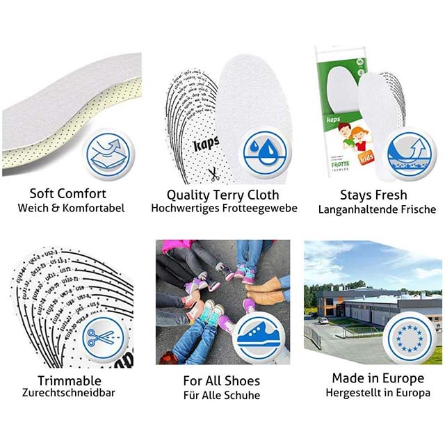 Kaps Frotte Kids European Extra Comfortable Shoe Insoles – Shock & Sweat Absorbing Terry Cloth, Custom Cut-to-Fit Replacement/Add-On Soles for Kids