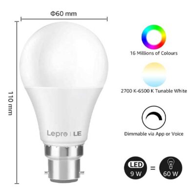 Lepro WiFi Smart RGB LED Bulb – B22 Base | 9W, 806lm, 2700K-6500K Color Temperature | A+ Energy Efficient & Dimmable Smart LED Light