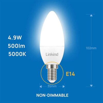 Linkind E14 LED Candle Light Bulbs 4.9W (40W Equivalent) – 5000K Cool White, 500 Lumen, CE/RoHS/ErP Certified, Non-Dimmable Pack of 6