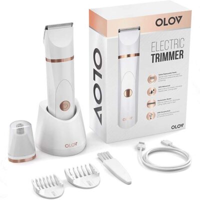 OLOV Electric Body Hair Trimmer – Waterproof Wet/Dry Groomer for Men & Women, Groin & Bikini Razor with USB Recharge Dock & Replaceable Ceramic Blades (White)