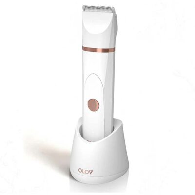 OLOV Electric Body Hair Trimmer – Waterproof Wet/Dry Groomer for Men & Women, Groin & Bikini Razor with USB Recharge Dock & Replaceable Ceramic Blades (White)