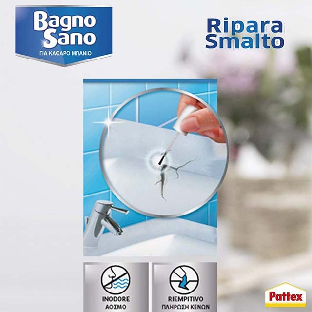 Pattex Bagno Sano Ripara Smalto – Water-Based Acrylic Enamel for Chip Repair & Touch-Ups, Tile Enamel with Filling Power, Paint Effect & Brush