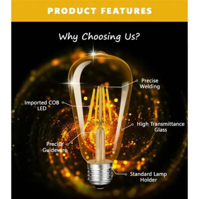 ST64 Dimmable LED Filament Bulb – Vintage Edison Amber Glass, 6W E27 220V, 2200K Warm Light, Energy-Saving Decorative LED Lamp