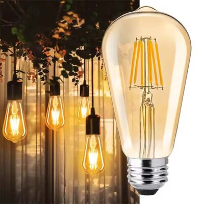 ST64 Dimmable LED Filament Bulb – Vintage Edison Amber Glass, 6W E27 220V, 2200K Warm Light, Energy-Saving Decorative LED Lamp